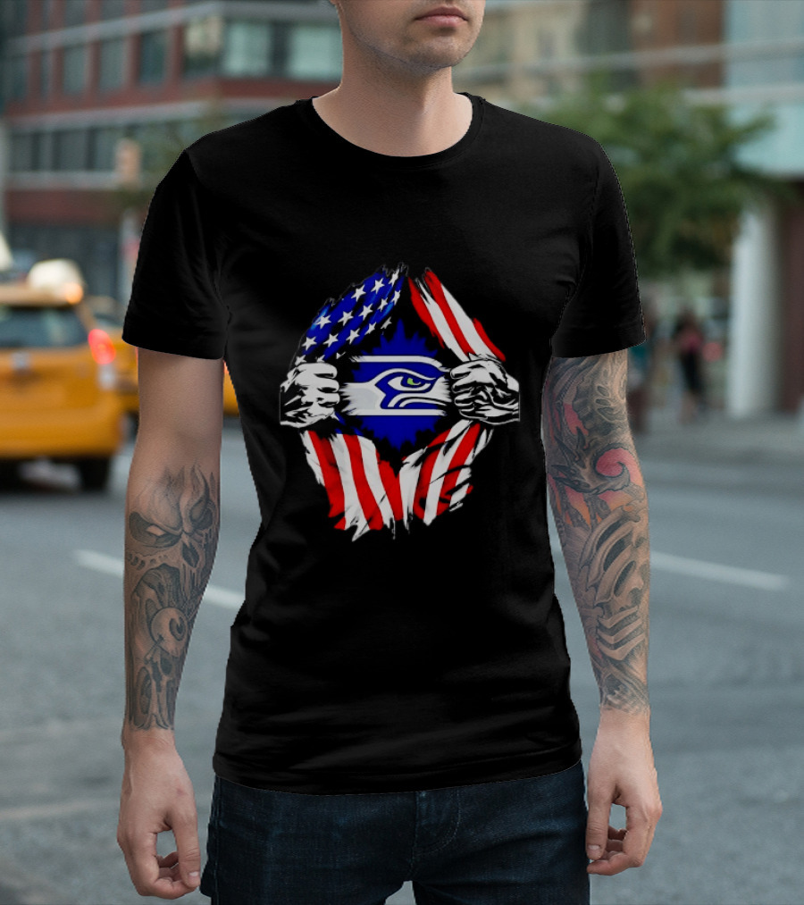 Seattle Seahawks American Flag Ripped Chest USA Fan Gear T-Shirt