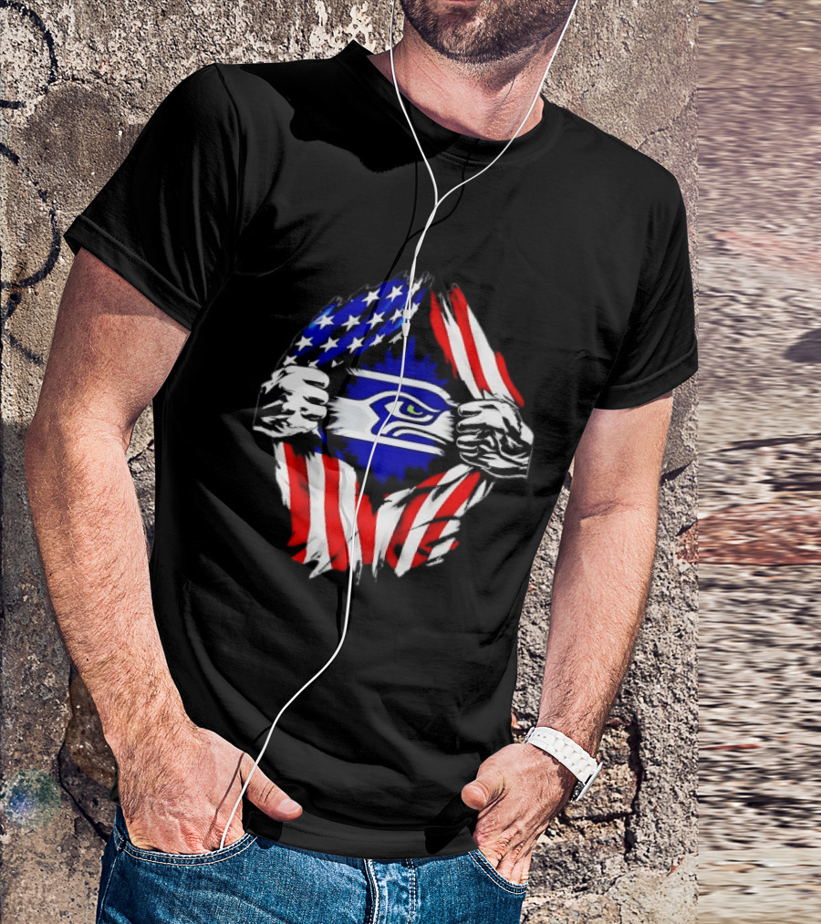Seattle Seahawks American Flag Ripped Chest USA Fan Gear T-Shirt