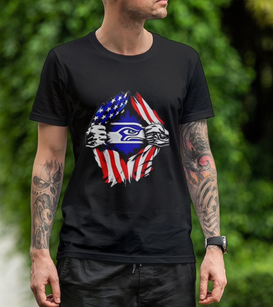 Seattle Seahawks American Flag Ripped Chest USA Fan Gear T-Shirt