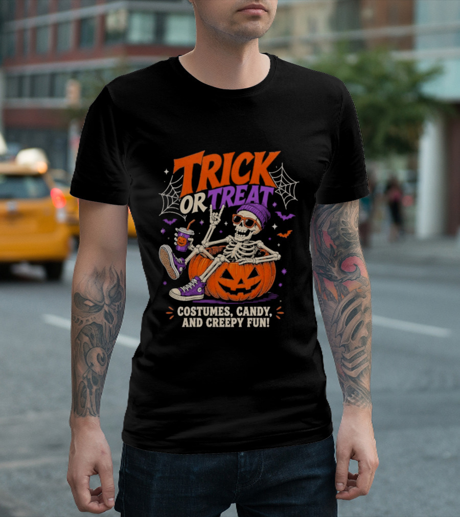 Skeleton Trick Or Treat Costumes Candy And Creepy Fun Halloween Party T-Shirt