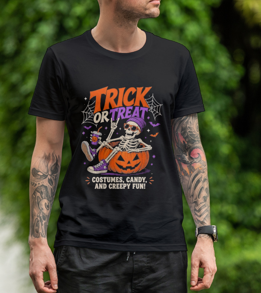Skeleton Trick Or Treat Costumes Candy And Creepy Fun Halloween Party T-Shirt
