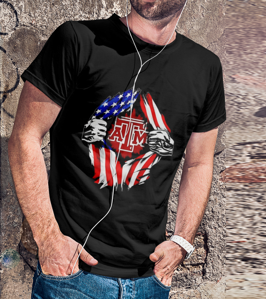 Texas A And M University Ripped Chest American Flag T-Shirt