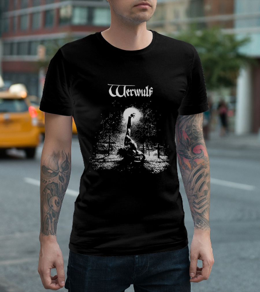 Werwulf Devoureth All Mankynde Black Metal Crosses And Moonlit Scene T-Shirt