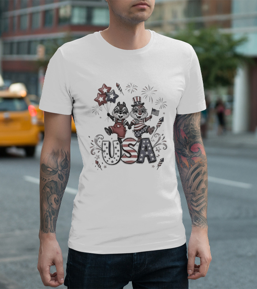 Chip And Dale USA Patriotic Fireworks Stars And Stripes Fourth Of July T-Shirt