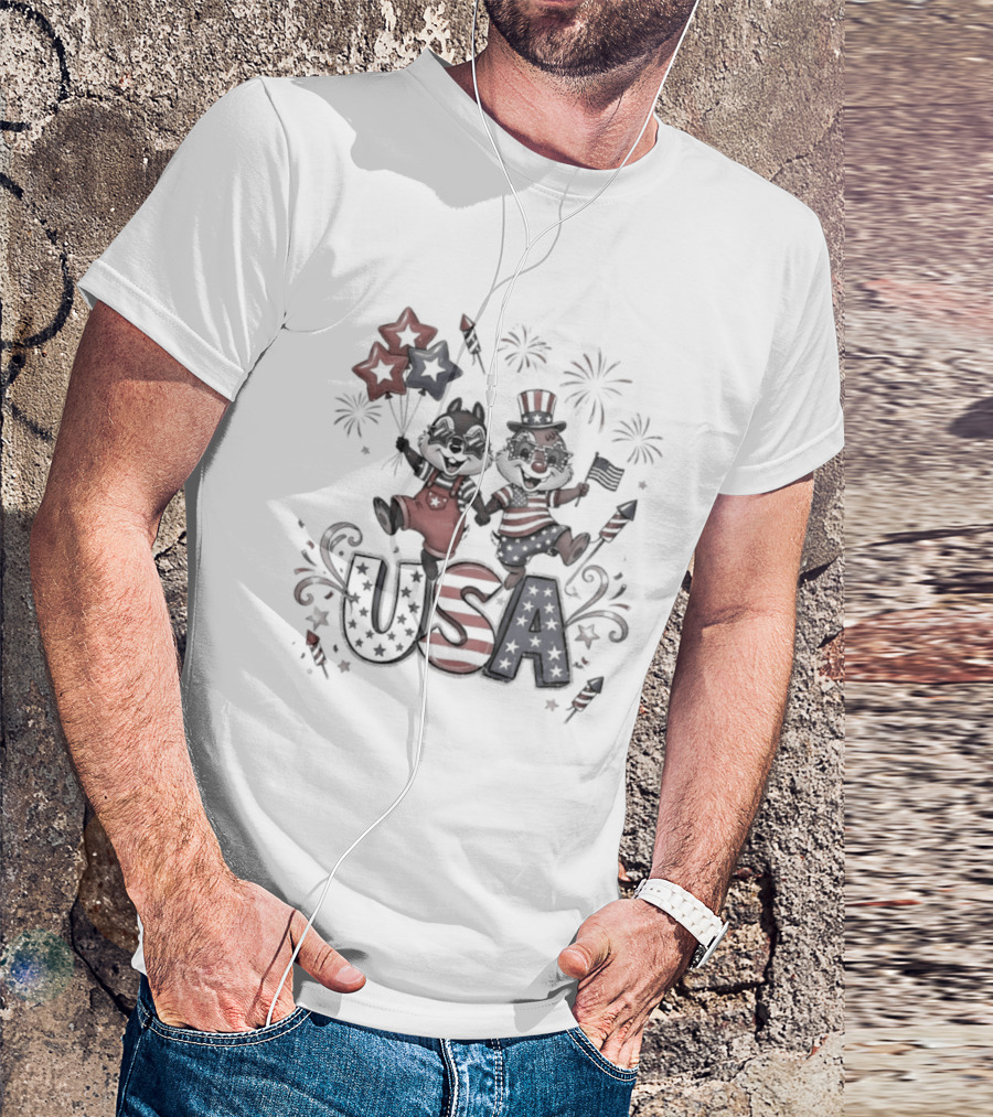 Chip And Dale USA Patriotic Fireworks Stars And Stripes Fourth Of July T-Shirt