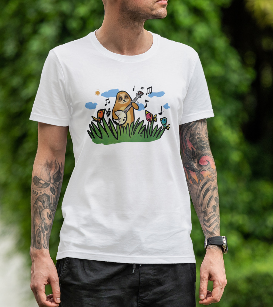 Sloth Happy Playing The Banjo With Singing Birds T-Shirt