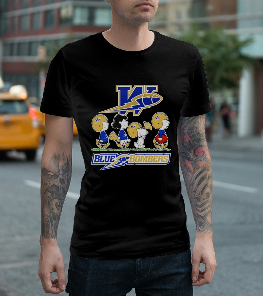 Peanuts Characters Winnipeg Blue Bombers CFL Collaboration Charlie Brown Snoopy Lucy Football Helmets T-Shirt