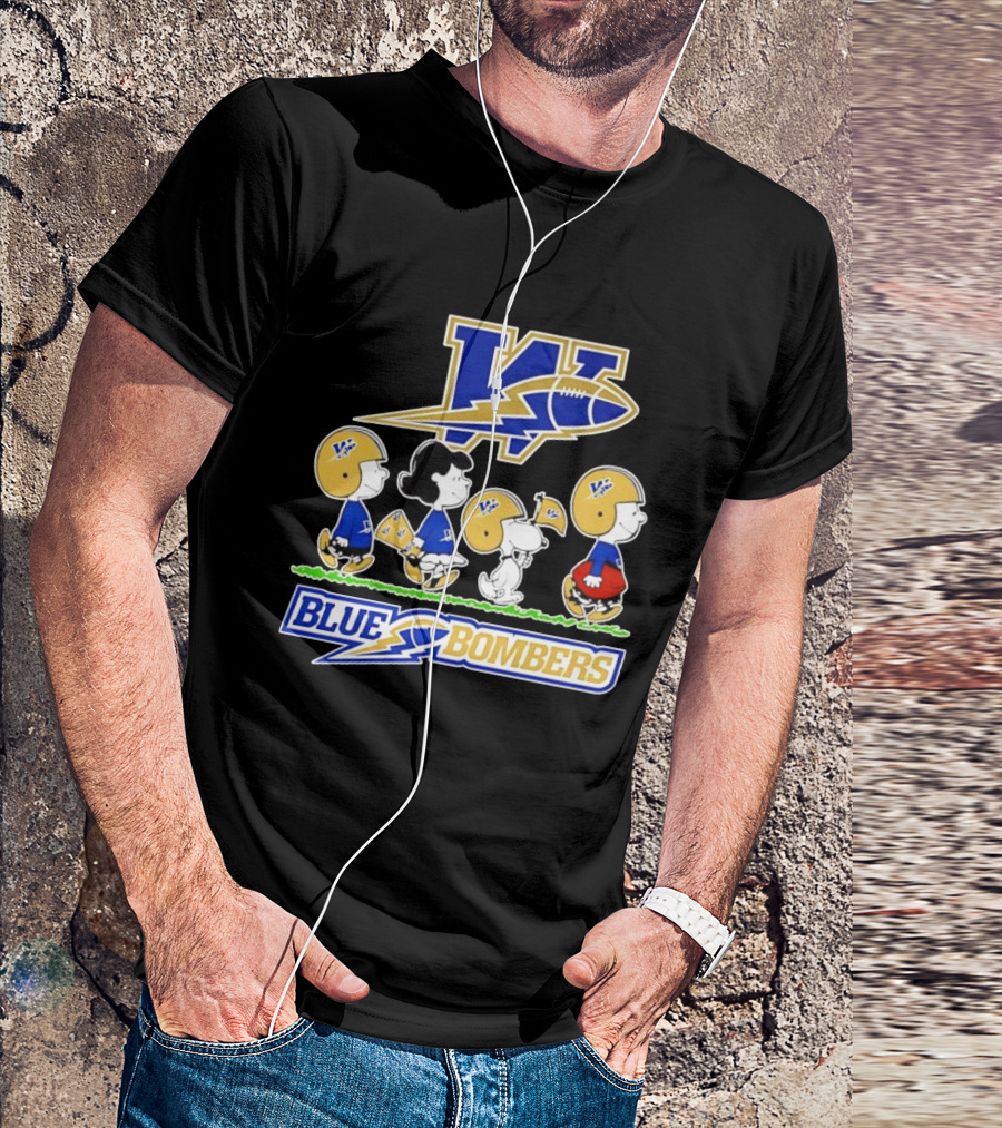 Peanuts Characters Winnipeg Blue Bombers CFL Collaboration Charlie Brown Snoopy Lucy Football Helmets T-Shirt