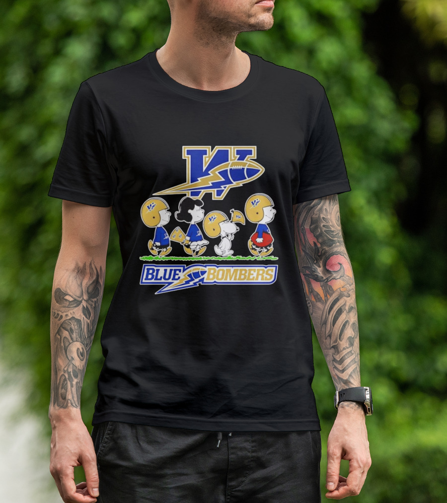 Peanuts Characters Winnipeg Blue Bombers CFL Collaboration Charlie Brown Snoopy Lucy Football Helmets T-Shirt