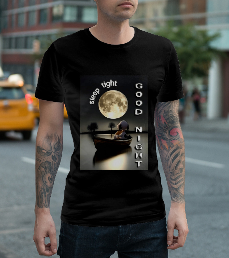 Sleep Tight Good Night Snoopy And Woodstock Moonlight Boat Scene T-Shirt