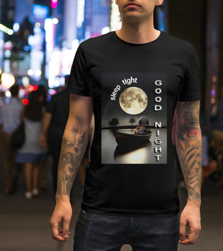Sleep Tight Good Night Snoopy And Woodstock Moonlight Boat Scene T-Shirt