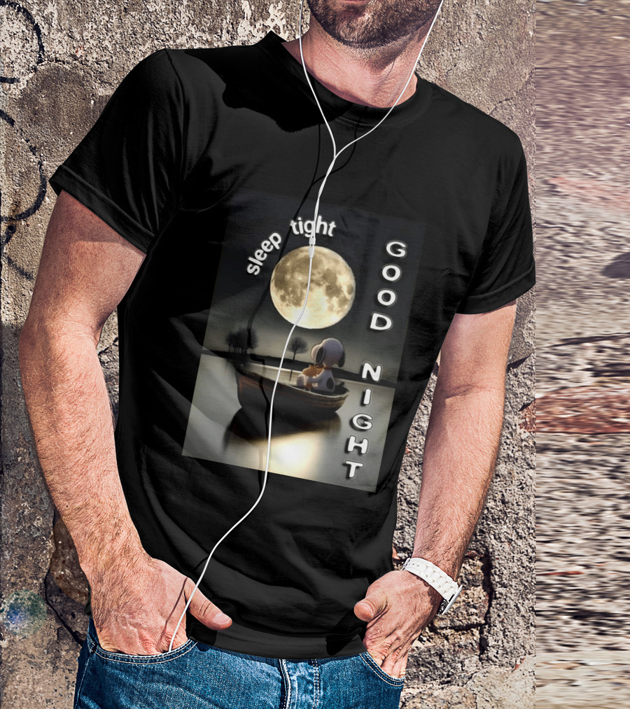 Sleep Tight Good Night Snoopy And Woodstock Moonlight Boat Scene T-Shirt