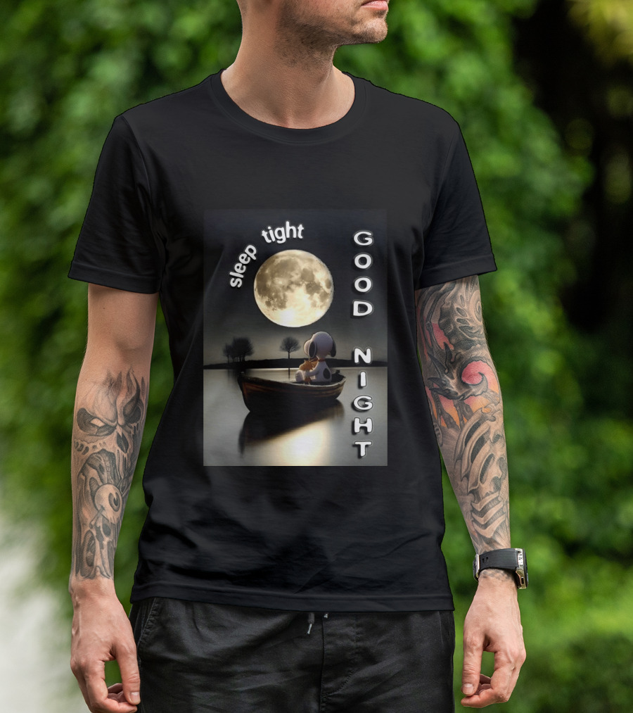 Sleep Tight Good Night Snoopy And Woodstock Moonlight Boat Scene T-Shirt