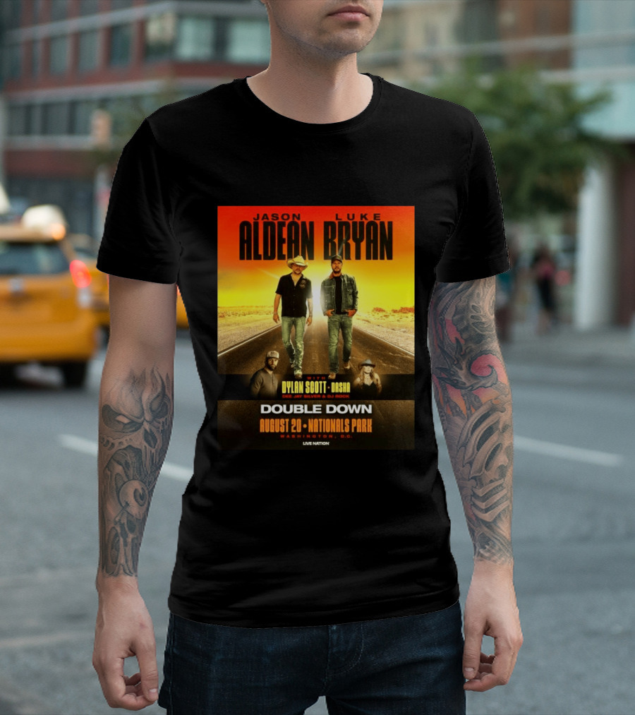 Jason Aldean Luke Bryan Double Down August 20 Nationals Park Washington D.C. With Dylan Scott Dasha Dee Jay Silver Dj Rock Live Nation T-Shirt