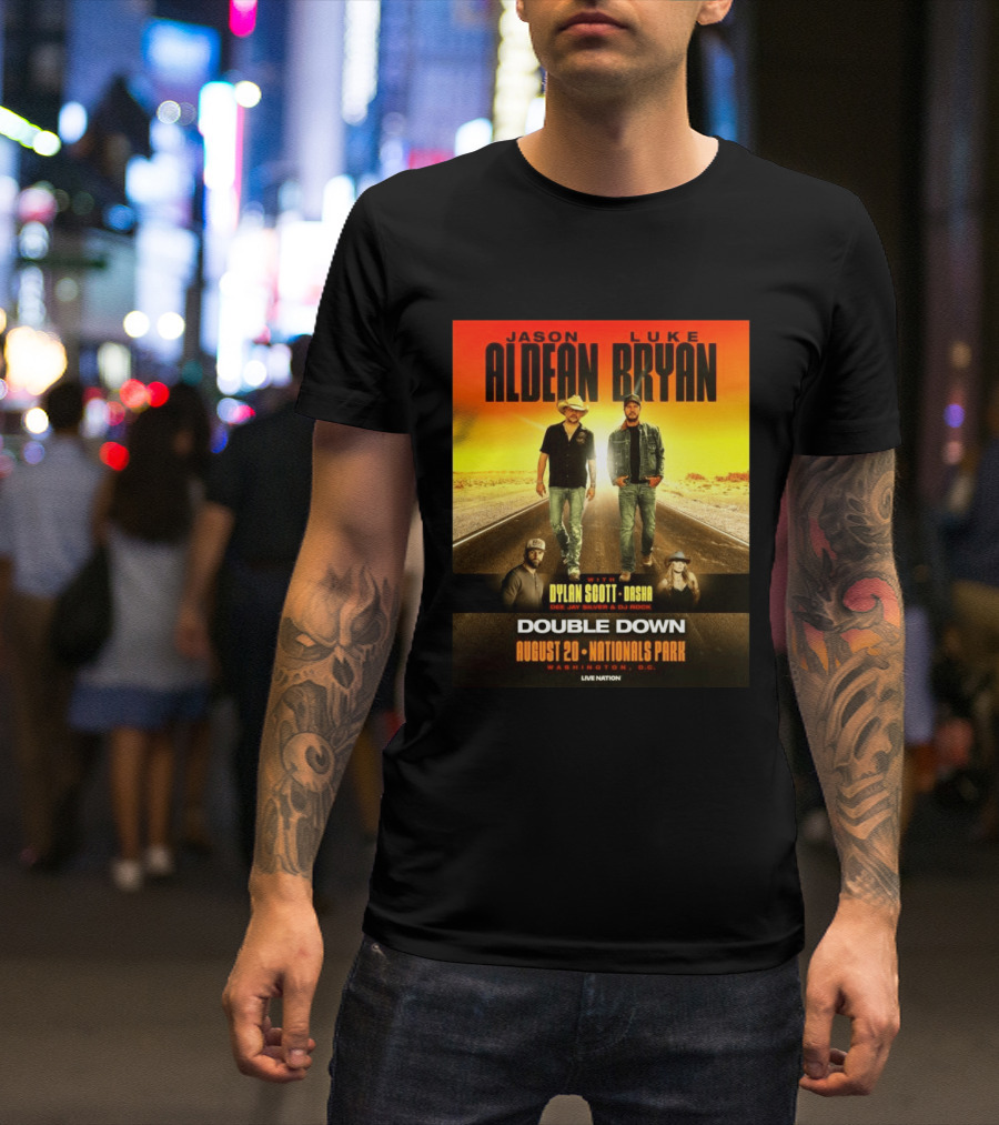 Jason Aldean Luke Bryan Double Down August 20 Nationals Park Washington D.C. With Dylan Scott Dasha Dee Jay Silver Dj Rock Live Nation T-Shirt