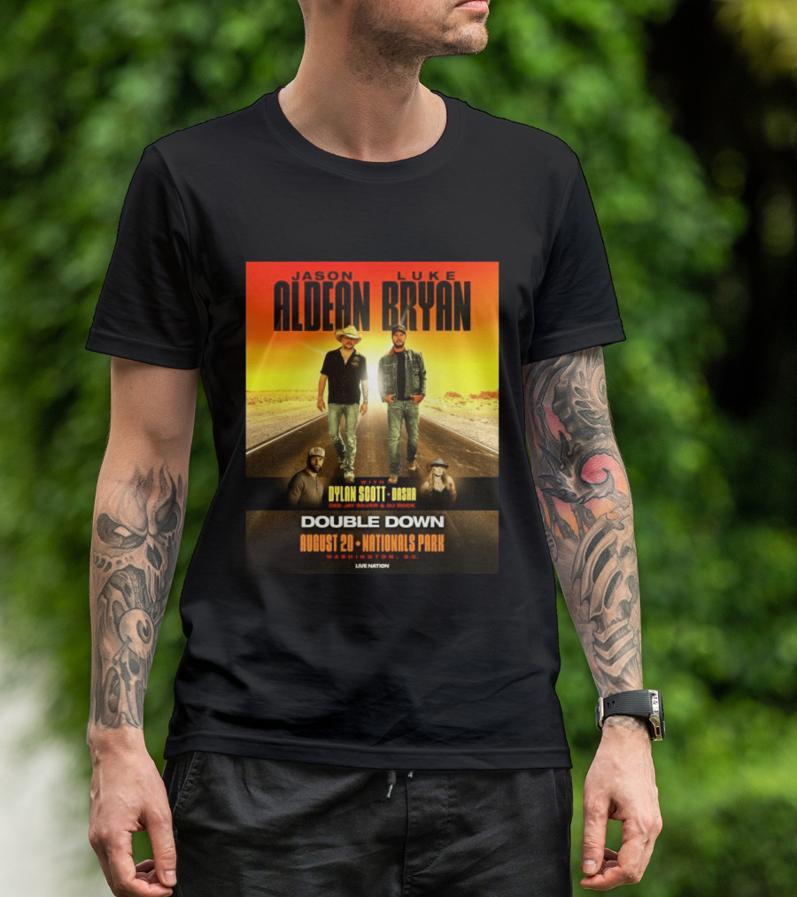 Jason Aldean Luke Bryan Double Down August 20 Nationals Park Washington D.C. With Dylan Scott Dasha Dee Jay Silver Dj Rock Live Nation T-Shirt