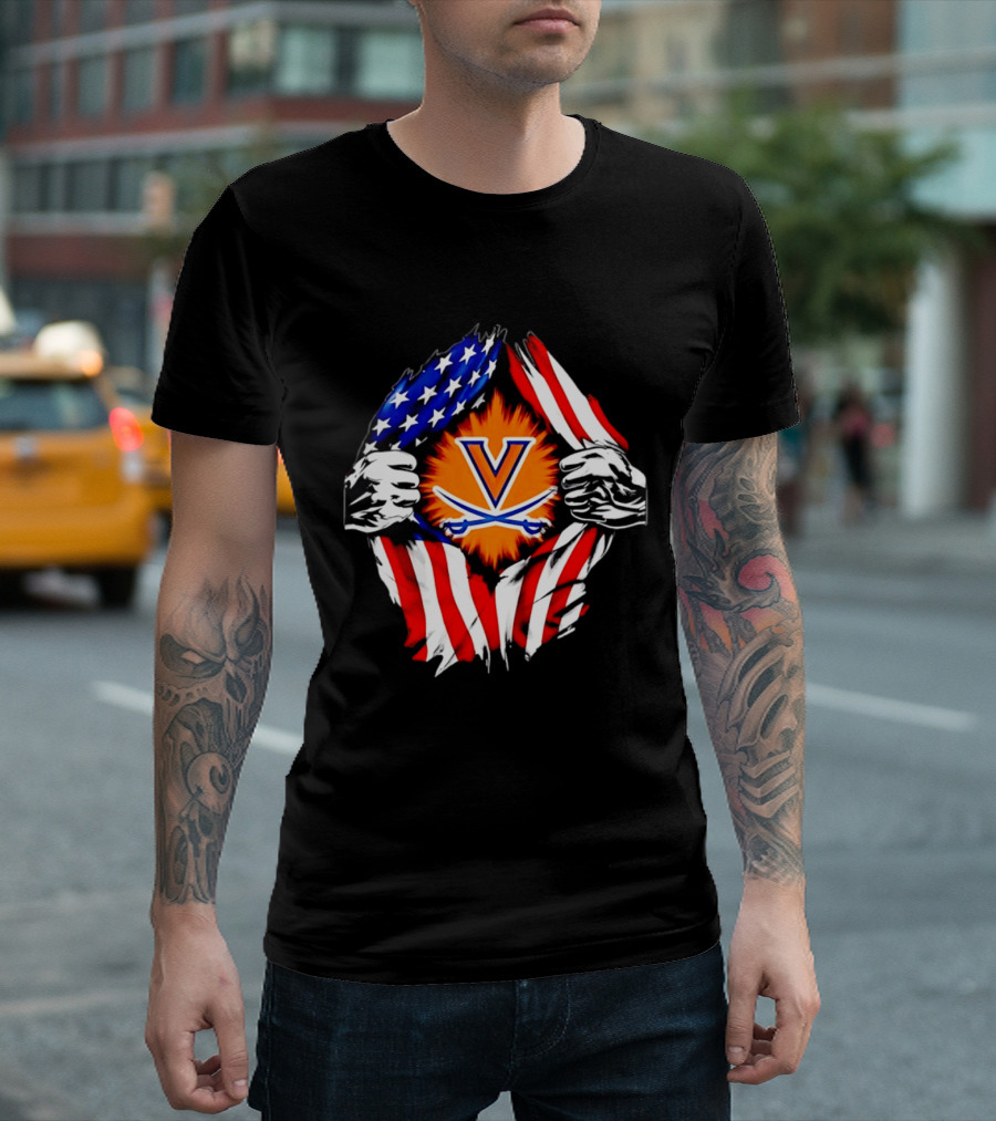 Virginia Cavaliers American Flag Ripped Chest V T-Shirt