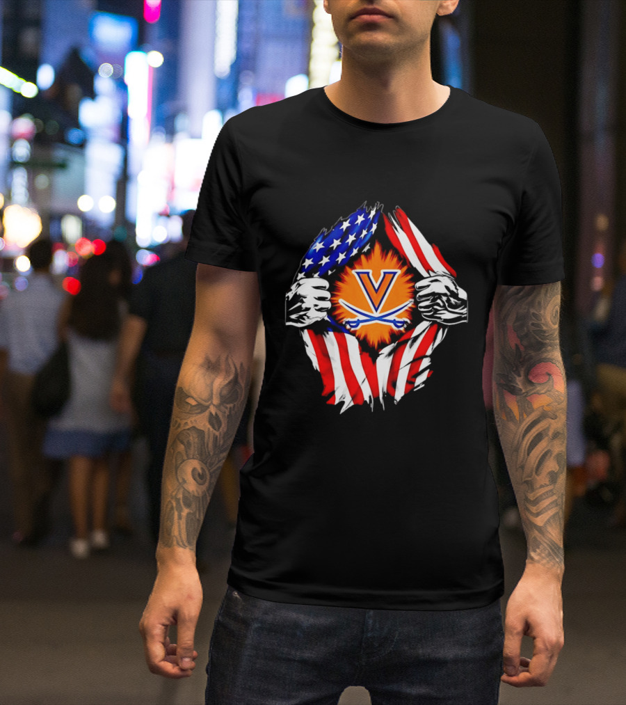 Virginia Cavaliers American Flag Ripped Chest V T-Shirt
