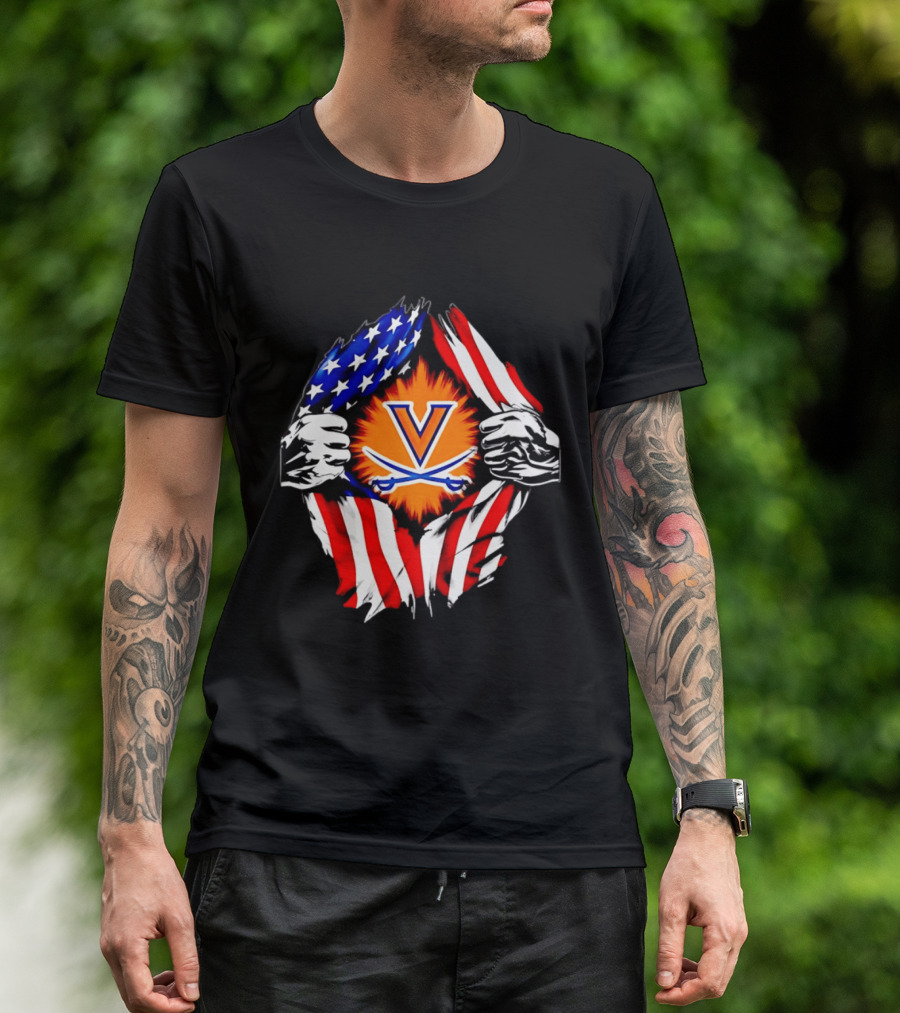 Virginia Cavaliers American Flag Ripped Chest V T-Shirt