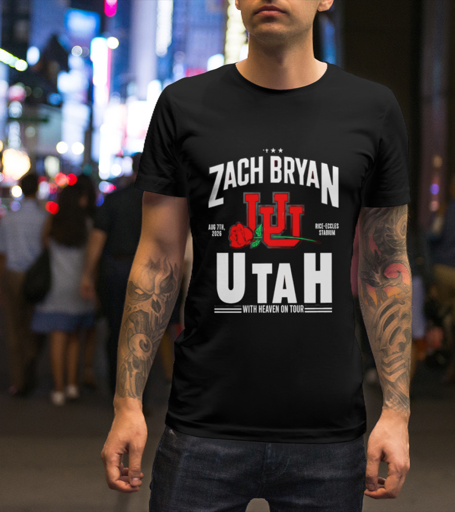 Zach Bryan Utah Rice Eccles Stadium Aug 7th 2026 With Heaven On Tour Red Rose JJJ T-Shirt