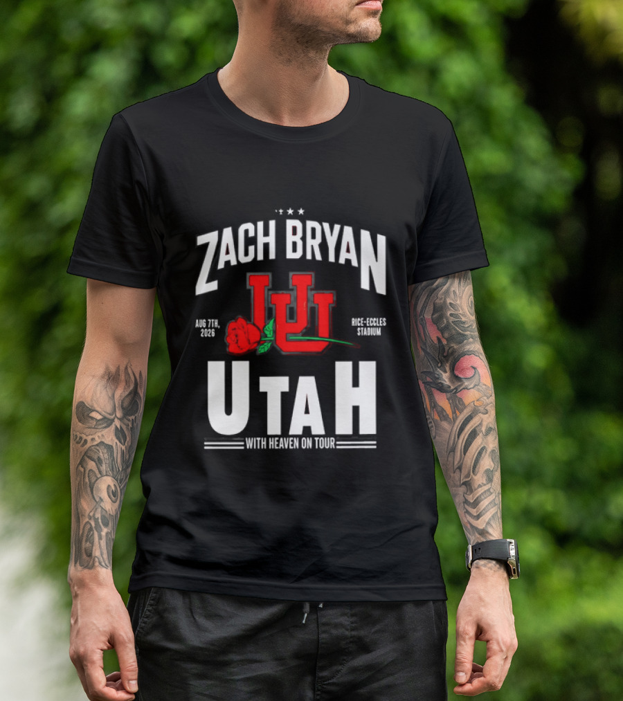 Zach Bryan Utah Rice Eccles Stadium Aug 7th 2026 With Heaven On Tour Red Rose JJJ T-Shirt