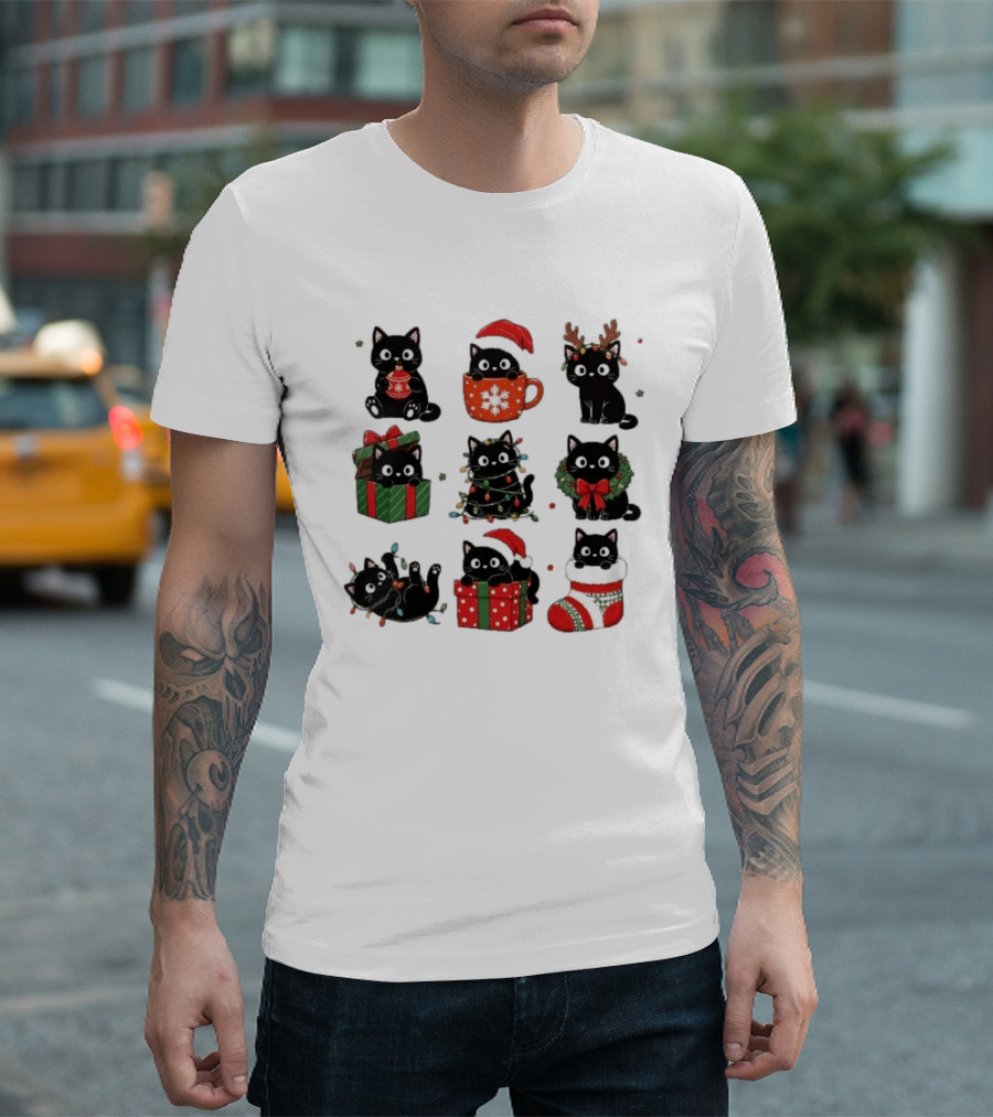 Black Cats Christmas Grid T-Shirt
