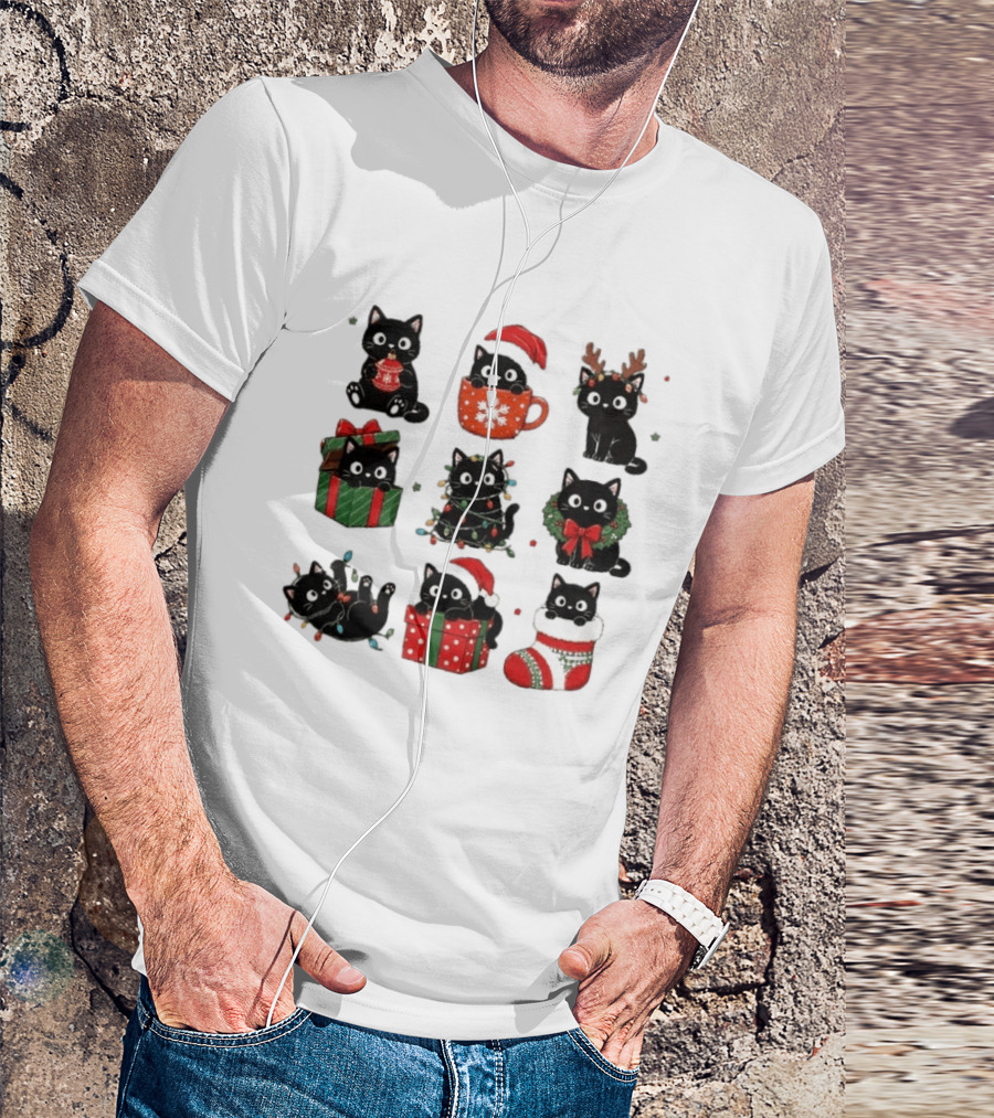 Black Cats Christmas Grid T-Shirt