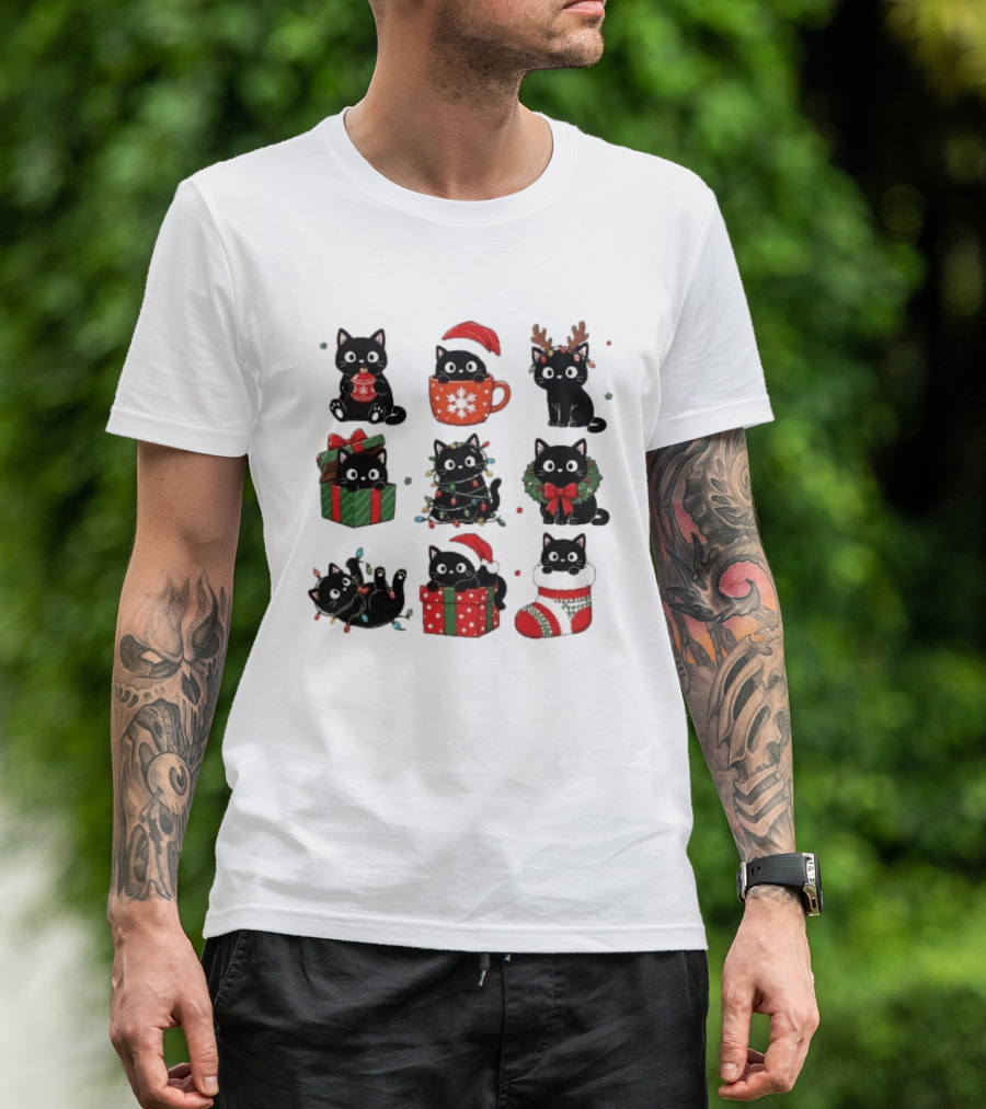 Black Cats Christmas Grid T-Shirt