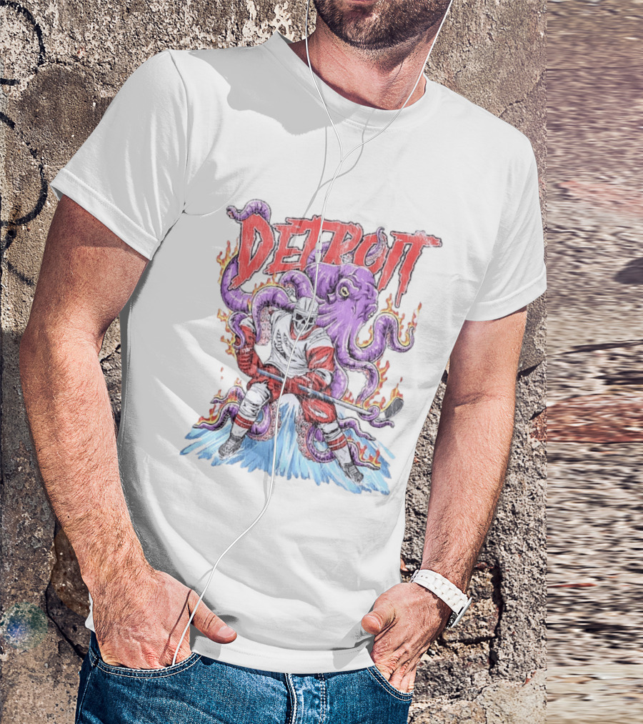 Detroit Red Wings Skeleton Hockey Octopus Distressed T-Shirt
