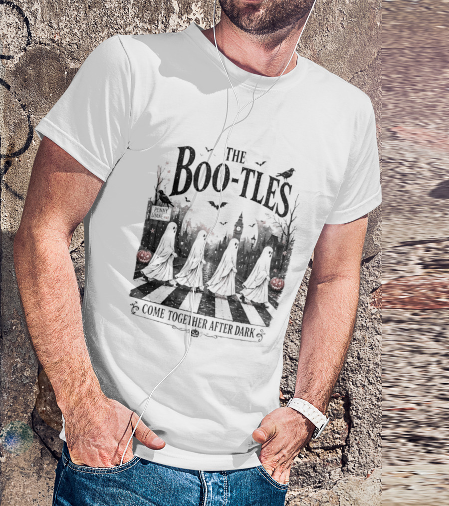 The Boo Tles Come Together After Dark Halloween Ghostly Abbey Road Bats Pumpkins T-Shirt