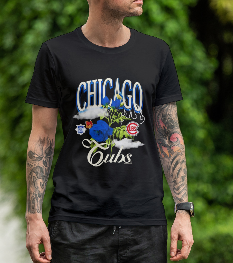 Chicago Cubs National League Blue Floral Rose Clouds T-Shirt
