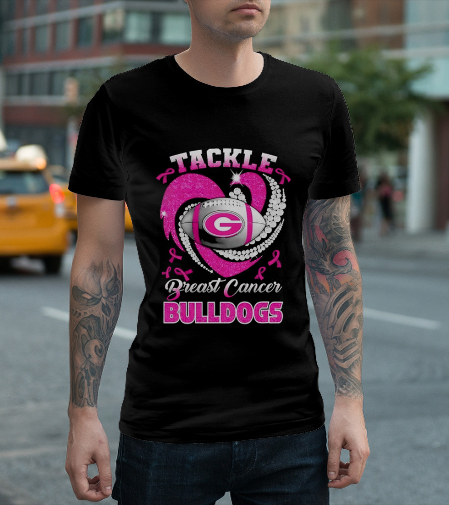 Tackle Breast Cancer Bulldogs Football G Logo Pink Ribbon T-Shirt