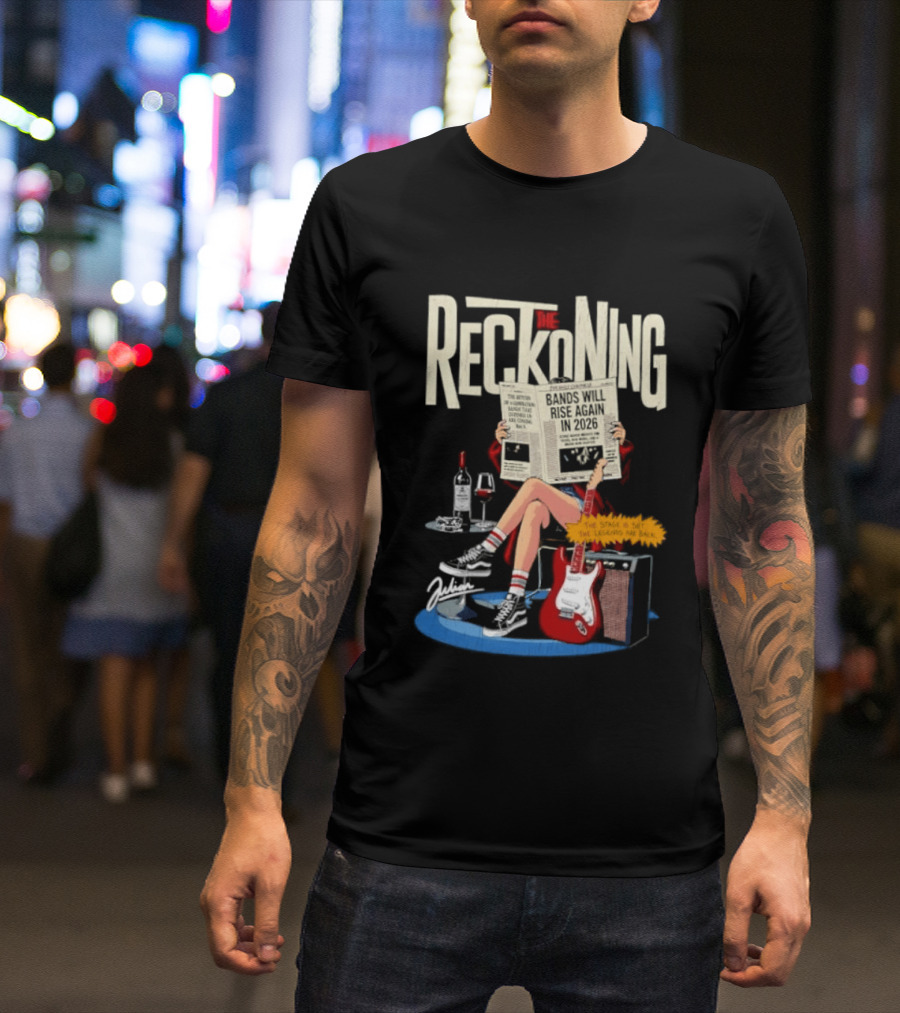 The Reckoning Bands Will Rise Again 2026 Woman Reading Newspaper Red Electric Guitar Amp T-Shirt