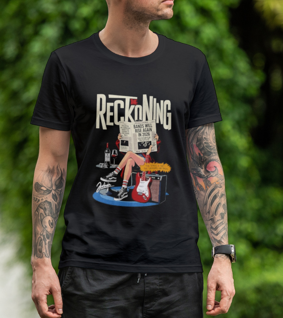 The Reckoning Bands Will Rise Again 2026 Woman Reading Newspaper Red Electric Guitar Amp T-Shirt