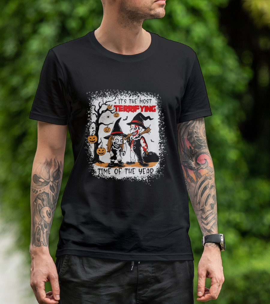 It's The Most Terrifying Time Of The Year Halloween Witch And Clown Axe Pumpkin T-Shirt