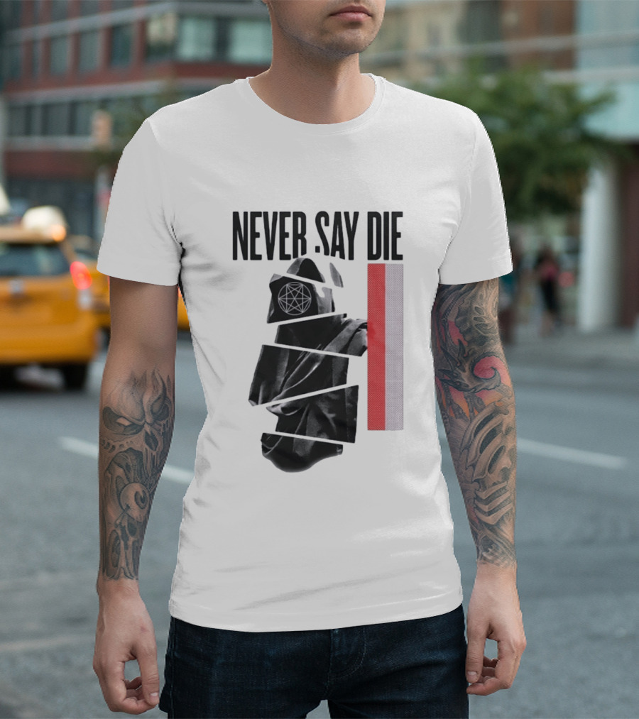 Never Say Die Hooded Occult Figure With Pentagram Halftone T-Shirt