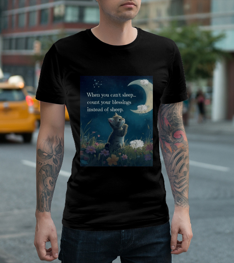 Cat When You Can't Sleep Count Your Blessings Instead Of Sheep Healing Vibes Moon Sheep Flowers T-Shirt