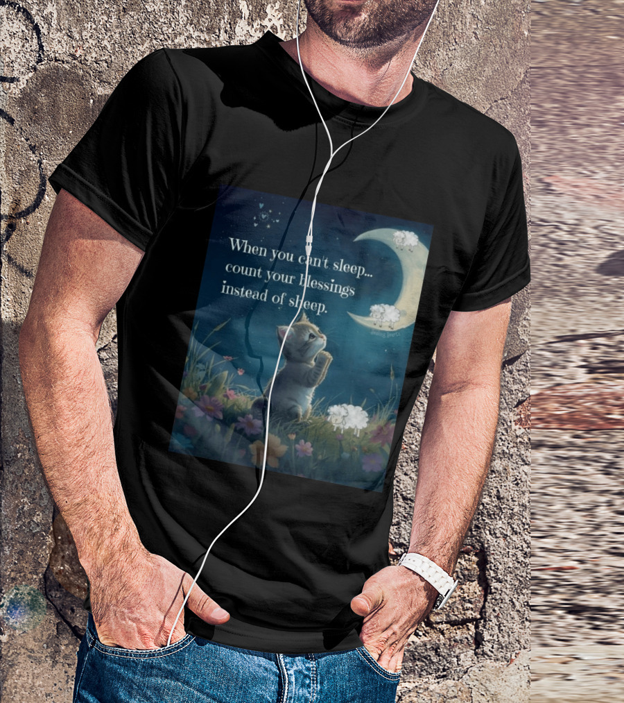 Cat When You Can't Sleep Count Your Blessings Instead Of Sheep Healing Vibes Moon Sheep Flowers T-Shirt