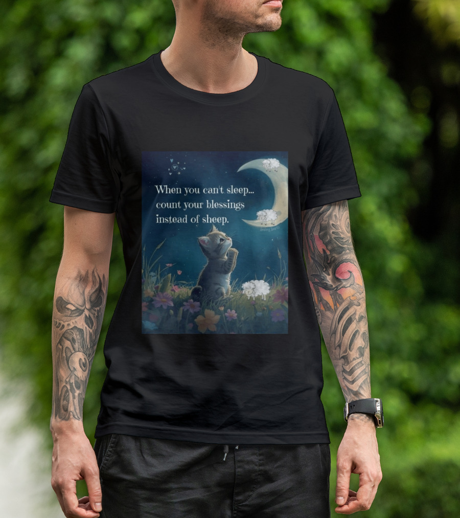 Cat When You Can't Sleep Count Your Blessings Instead Of Sheep Healing Vibes Moon Sheep Flowers T-Shirt