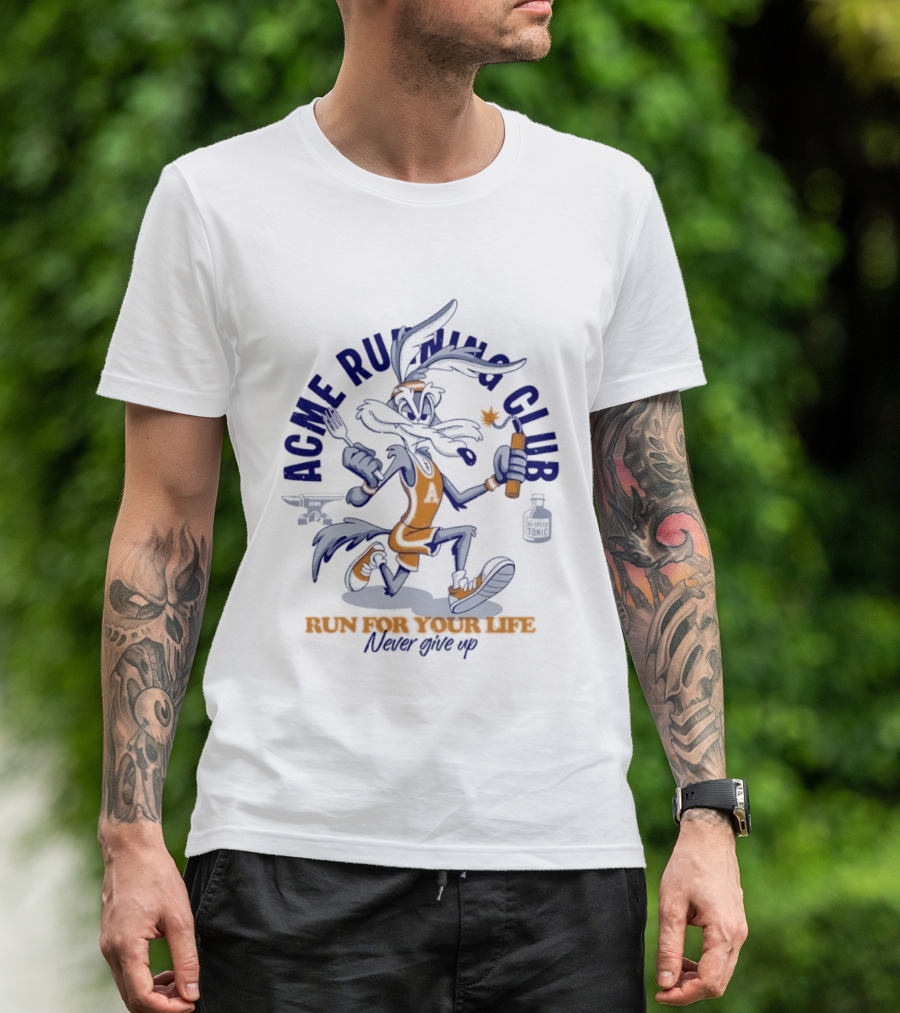 Acme Running Club Wile E Coyote Run For Your Life Never Give Up T-Shirt