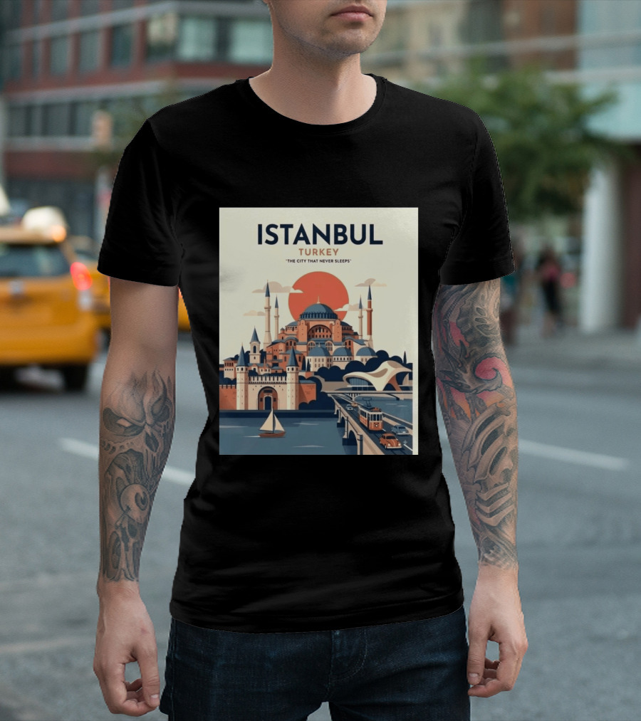 Istanbul Turkey The City That Never Sleeps Iconic Landmarks Urban Skyline Retro Style Scenic Tram And Sailboat T-Shirt