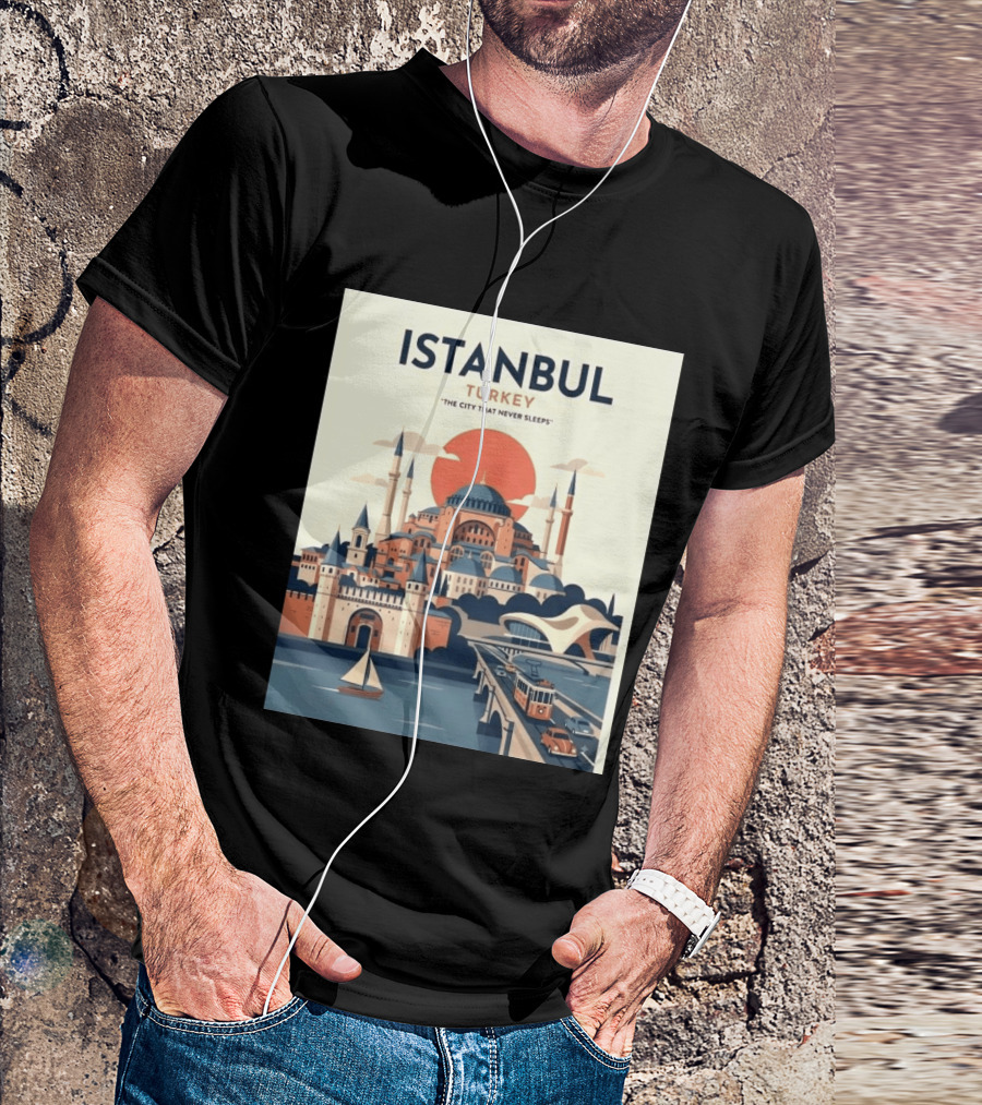 Istanbul Turkey The City That Never Sleeps Iconic Landmarks Urban Skyline Retro Style Scenic Tram And Sailboat T-Shirt