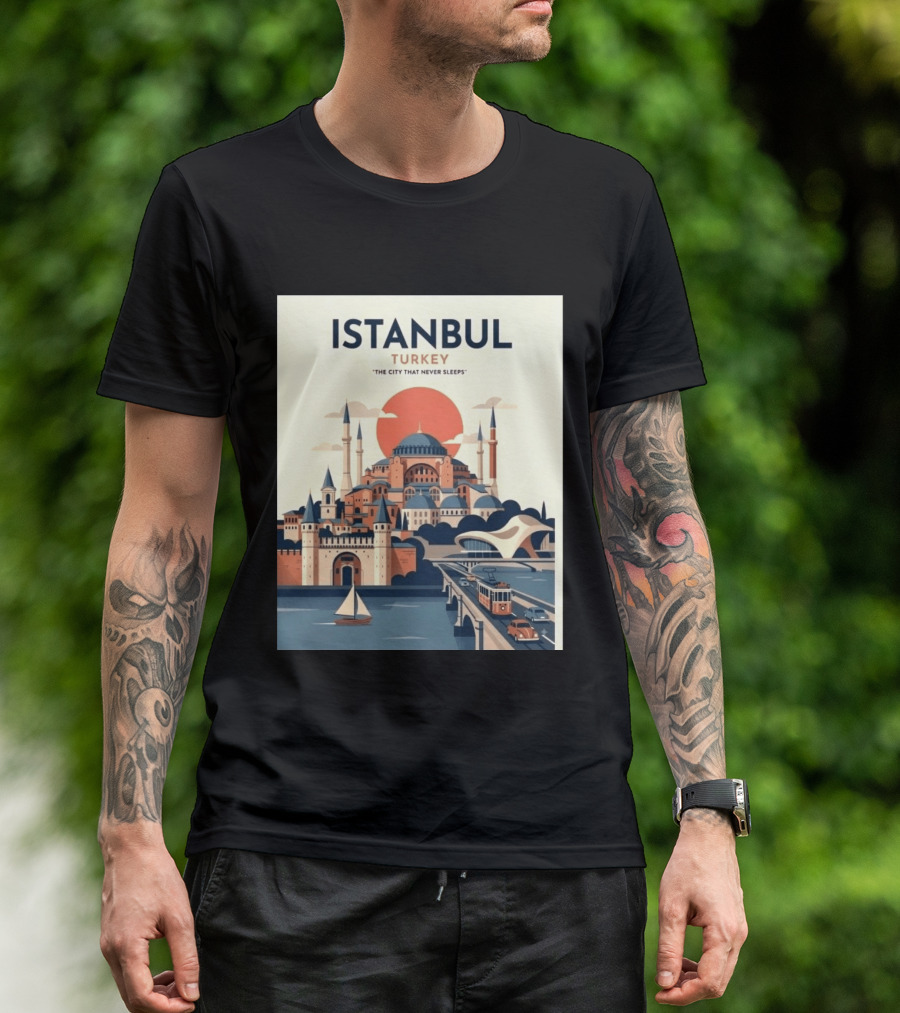 Istanbul Turkey The City That Never Sleeps Iconic Landmarks Urban Skyline Retro Style Scenic Tram And Sailboat T-Shirt
