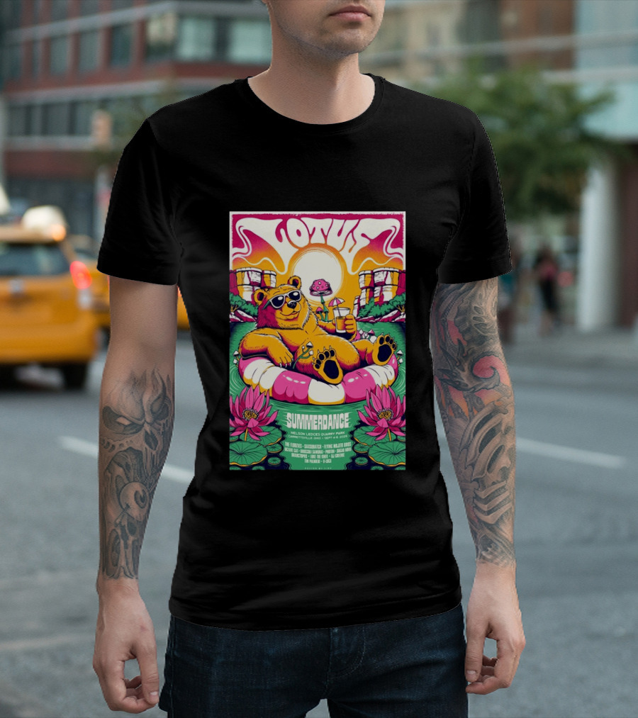 Lotus Summerdance 2026 Garrettsville OH Nelson Ledges Quarry Park Sep 4 6 With Bear Floating On Pool Relaxed Vibes T-Shirt