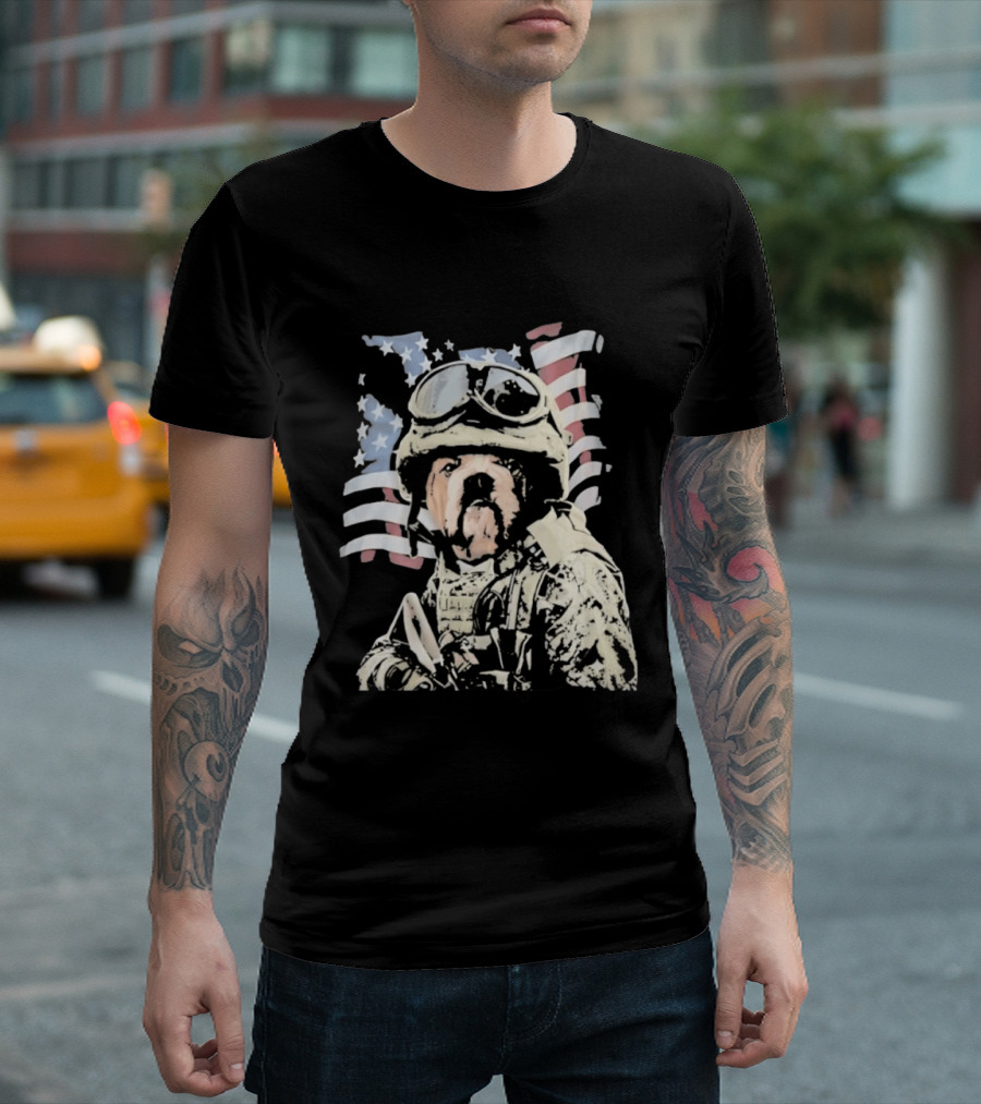 American Bulldog Soldier With United States Flag Goggles And Military Gear T-Shirt
