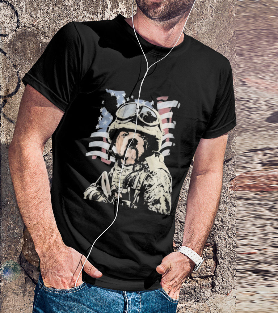 American Bulldog Soldier With United States Flag Goggles And Military Gear T-Shirt