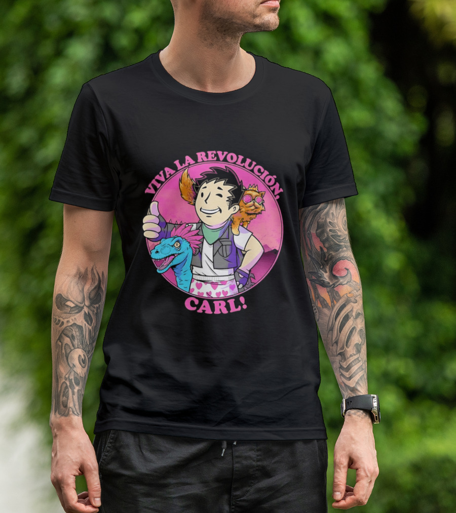 Viva La Revolución Carl Fallout Vault Boy Dinosaur Cat T-Shirt