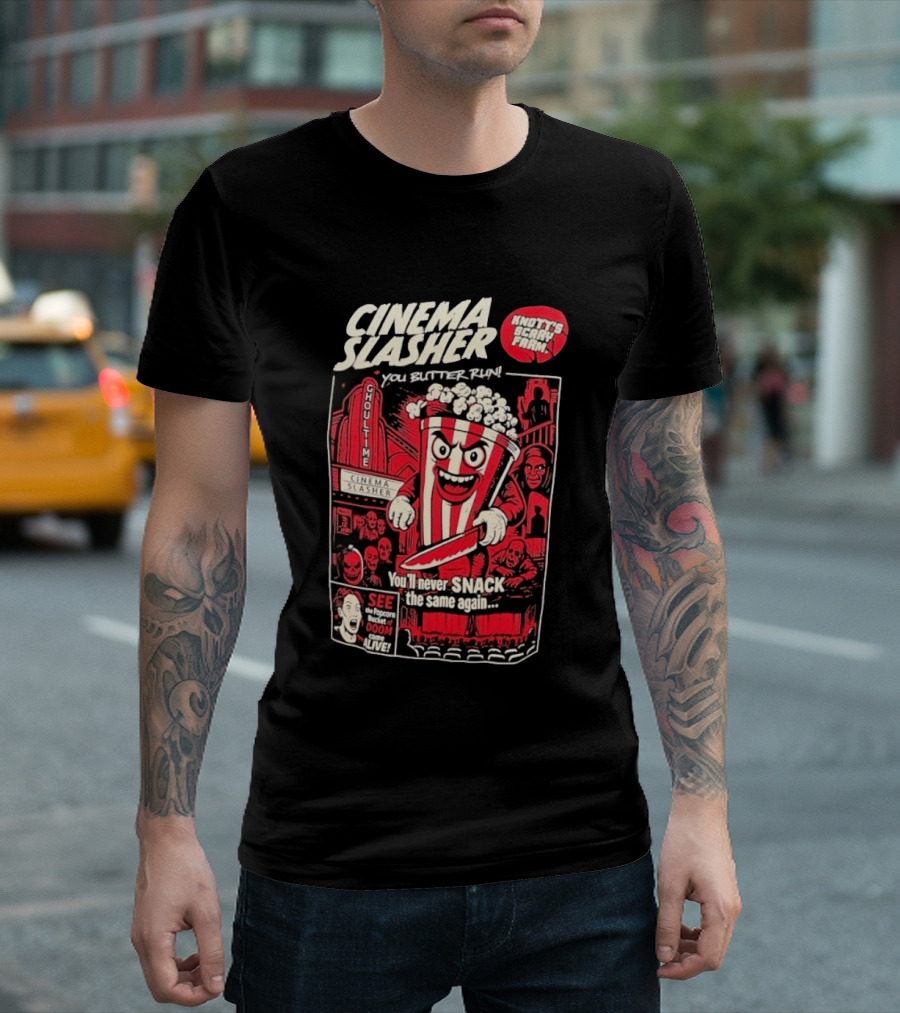 Cinema Slasher You Butter Run Knott's Scary Farm Popcorn Bucket Of Doom T-Shirt