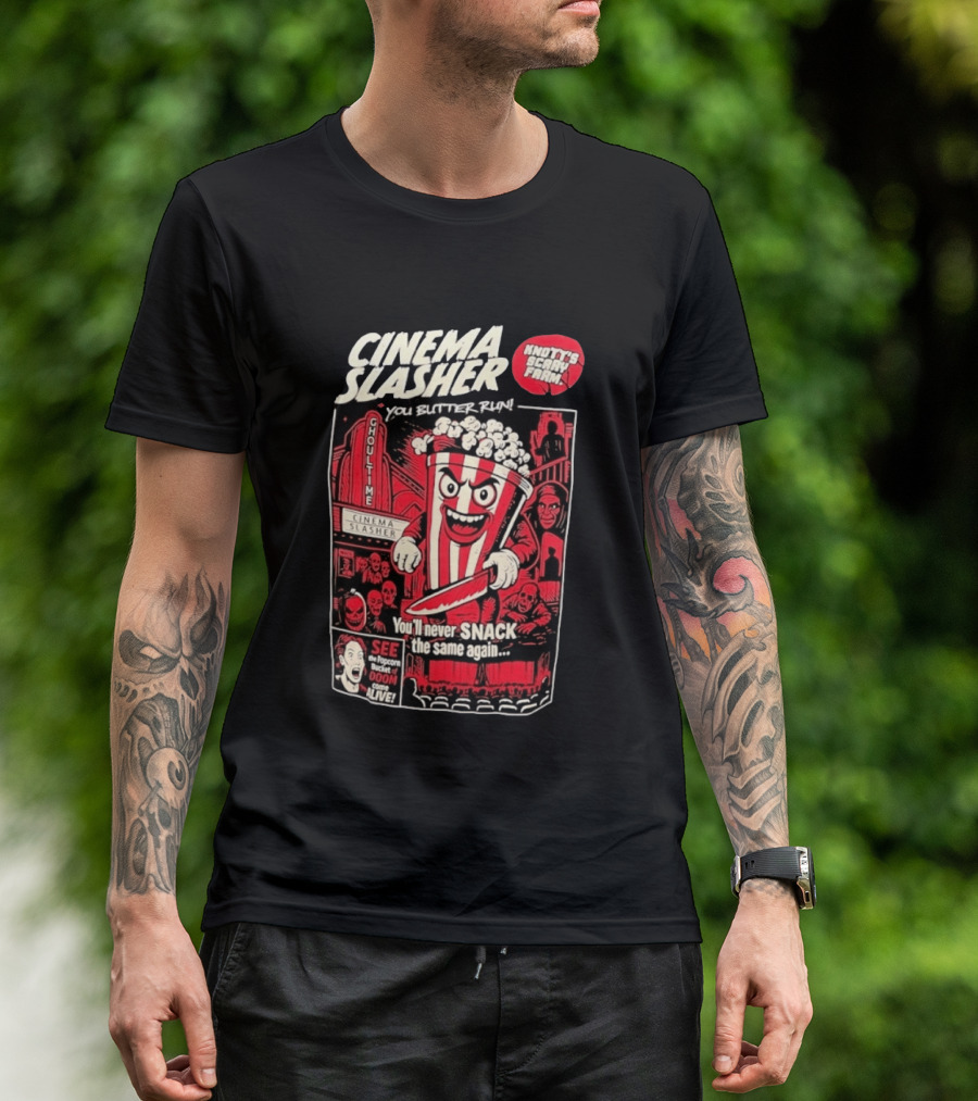 Cinema Slasher You Butter Run Knott's Scary Farm Popcorn Bucket Of Doom T-Shirt