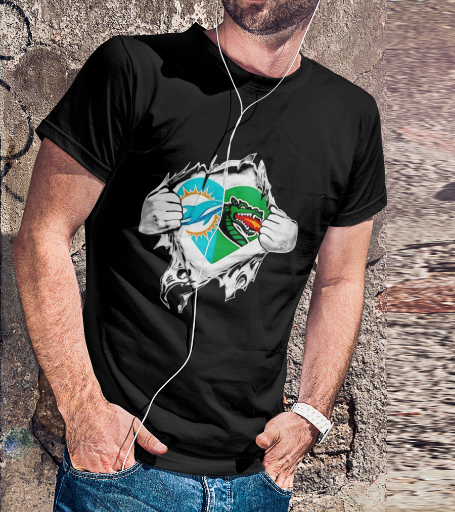 Miami Dolphins UAB Blazers Heart Superman Chest Rip T-Shirt